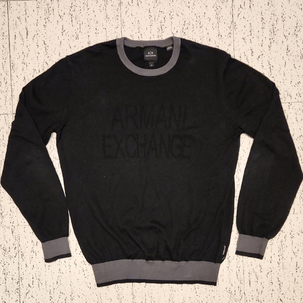 Armani Exchange Spellout Logo Pullover Crewneck Knit Sweater Grey And Black